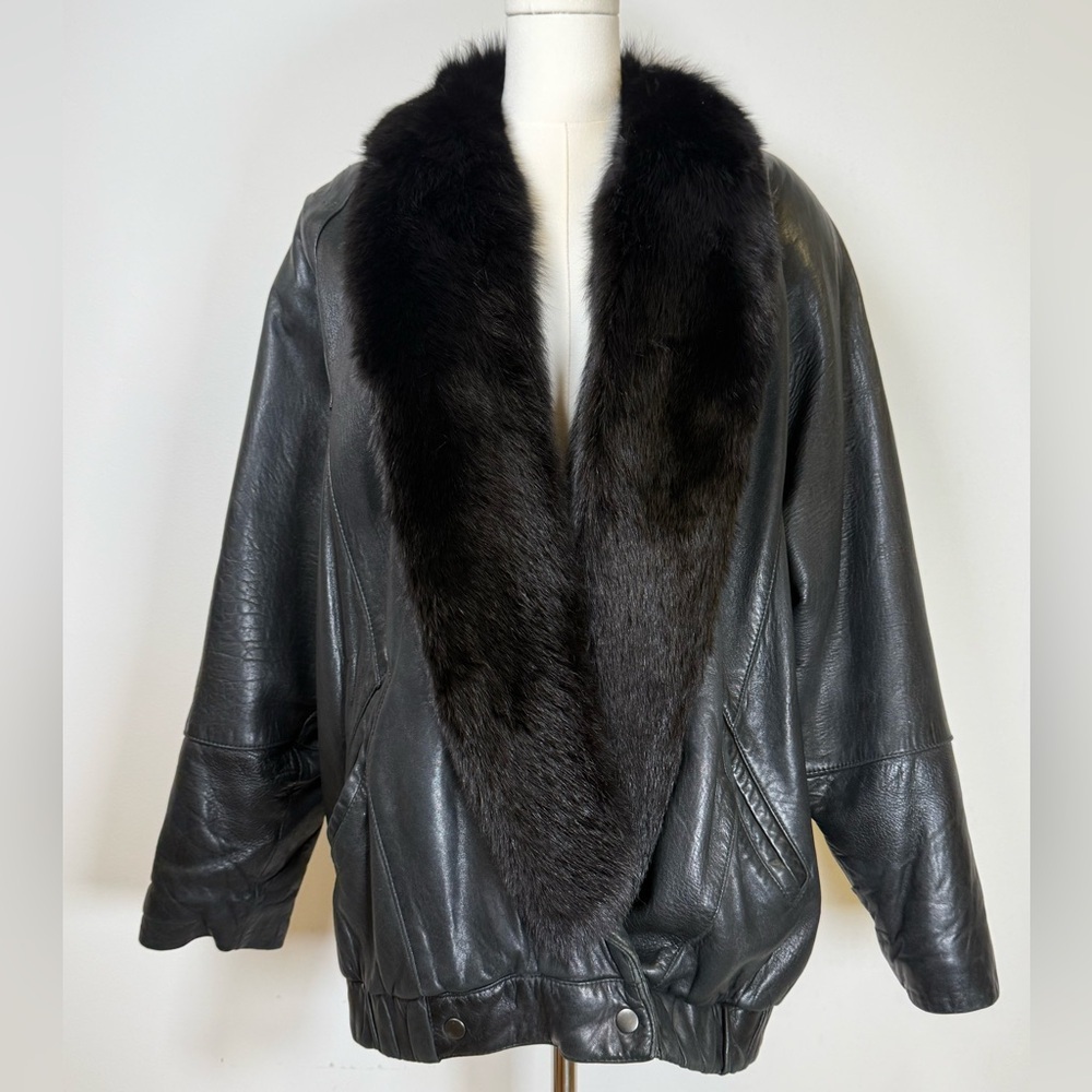 Vintage 1980’s Andrew Marc Black Leather Coat With Fur Collar Womens Size Large